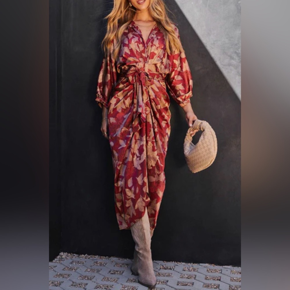 entro Red Floral Tie-Front Maxi Dress